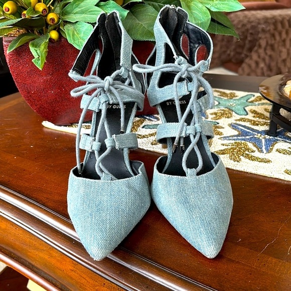G By Guess Blue Denim Jean Lace Up Heels Y2K Strappy Back Zipper Closure - Picture 3 of 14